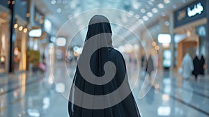 A young beautiful Arab woman in a black Abaya walks through a large shopping center