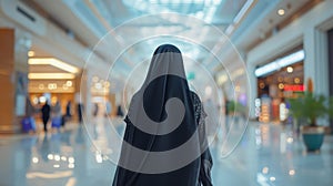 A young beautiful Arab woman in a black Abaya walks through a large shopping center