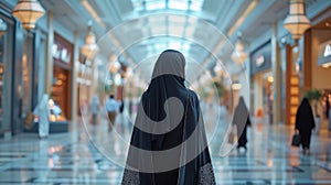 A young beautiful Arab woman in a black Abaya walks through a large shopping center