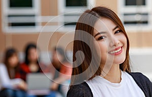 Young and beautiful Asian college student girls holding books, pose to camera with group of friends blur in background against