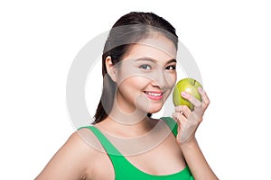 Young beautiful asian woman eating fresh grapes isolated on whit