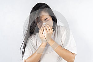 Young beautiful asian woman got sick and flu on white background