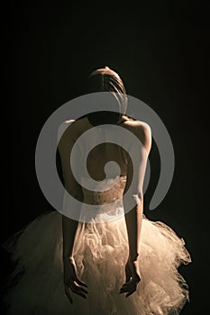 Young beautiful ballet dancer is posing in studio, view back.