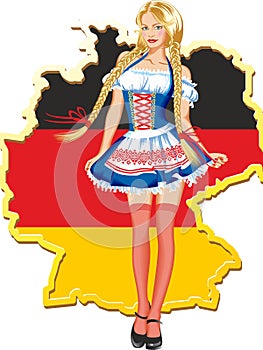 Young and beautiful bavarian girl over Germany map