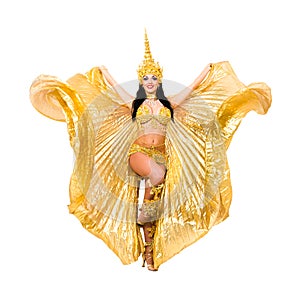 Young beautiful belly dancer in a gold costume