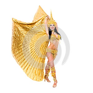 Young beautiful belly dancer in a gold costume