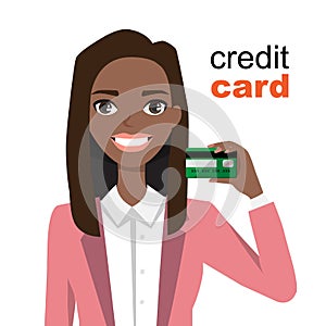 Young beautiful black african american woman smiling, showing, presenting credit card for making paymen.