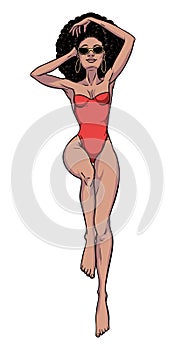 Young beautiful black woman in swimsuit. Beach girl, bikini, summer holidays. Glamour African American model. Vector comic
