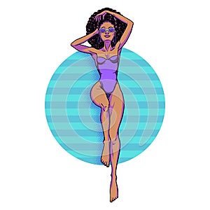 Young beautiful black woman in swimsuit. Beach girl, bikini, summer holidays. Glamour African American model. Vector comic