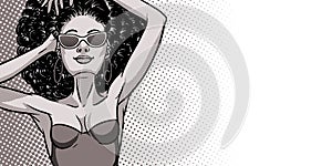 Young beautiful black woman in swimsuit. Beach girl, bikini, summer holidays. Glamour African American model. Vector comic