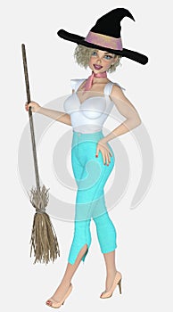 Young beautiful blond female witch holding a broomstick with one hand on her hip on an isolated white background