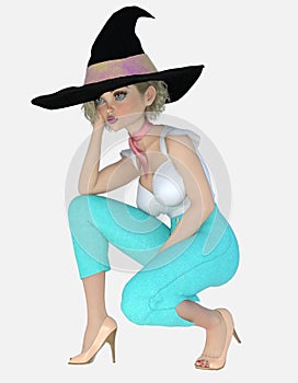 Young beautiful blond female witch kneeling grumpy on an isolated white background