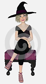 Young beautiful blond female witch seated on a pink upholstered ottoman stool on an isolated white background