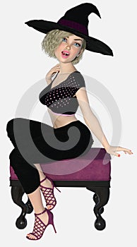 Young beautiful blond female witch sitting on a pink upholstered ottoman stool on an isolated white background