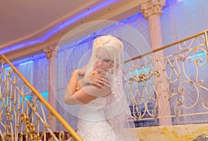 Young beautiful blonde bride intimate portrait with closed eyes wearing veil