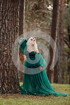 Young beautiful blonde hair woman queen. Princess walks. autumn green forest mystic. Vintage medieval shiny crown. Long evening