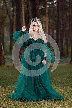 Young beautiful blonde hair woman queen. Princess walks. autumn green forest mystic. Vintage medieval shiny crown. Long evening