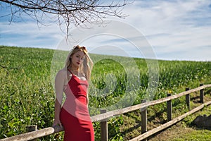 Young, beautiful, blonde woman in a red dress and flower tiara, leaning on a wooden railing with a meadow in the background, calm