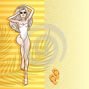 Young beautiful blonde woman relaxing by the sea in swimsuit. Beach girl, bikini, summer holidays. Glamour model. Vector comic