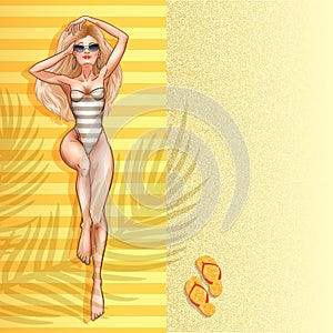 Young beautiful blonde woman relaxing by the sea in swimsuit. Beach girl, bikini, summer holidays. Glamour model. Vector comic