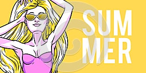 Young beautiful blonde woman in swimsuit. Beach girl, bikini, summer holidays. Glamour model. Vector comic illustration