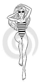 Young beautiful blonde woman in swimsuit. Beach girl pin-up, bikini, summer holidays. Glamour model. Vector comic illustration