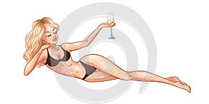 Young beautiful blonde woman in swimsuit holding a champagne glass. Summer holidays party girl. Glamour pin-up model. Vector comic