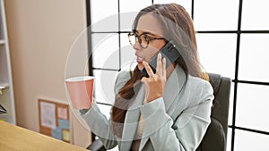 Young, beautiful, and boss! hispanic business woman engrossed in serious cellphone conversation over a relaxing cup of coffee in