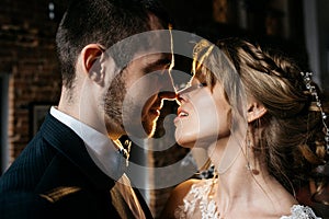 Young and beautiful bride and groom kiss, indoors