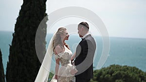 Young beautiful bride in a wedding dress and groom hugging and kissing