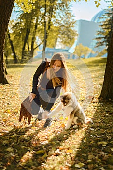 Young beautiful brown haired girl is training puppy of husky