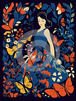 A young beautiful brunette girl among flowers plants and butterflies created with Generative AI