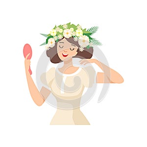 Young Beautiful Brunette Woman with Flower Wreath in Her Hair, Portrait of Happy Elegant Girl with Floral Wreath Vector