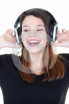 Young beautiful brunette woman with headphones smile happy