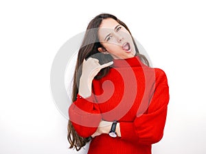 Young beautiful brunette woman in red sweater thinking looking to the side at blank copy space, isolated over white background