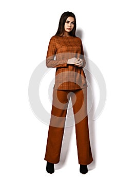 Young beautiful brunette woman in stylish business trousers and shirt and black high heel boots standing over white background