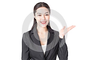 Young beautiful business woman in black suit with smailey face.