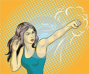 Young beautiful business woman punching and boxing. Concept vector poster in retro comic pop art style