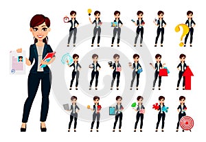 Young beautiful business woman, set of nineteen poses.