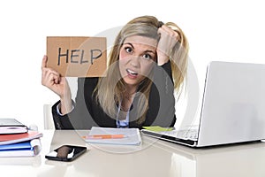 Young beautiful business woman suffering stress working at office asking for help feeling tired