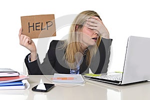 Young beautiful business woman suffering stress working at office asking for help feeling tired