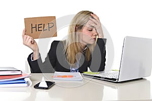 Young beautiful business woman suffering stress working at office asking for help feeling tired