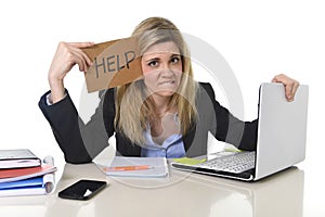 Young beautiful business woman suffering stress working at office asking for help feeling tired