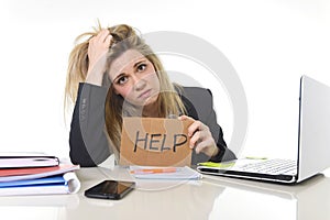 Young beautiful business woman suffering stress working at office asking for help feeling tired