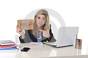 Young beautiful business woman suffering stress working at office asking for help feeling tired