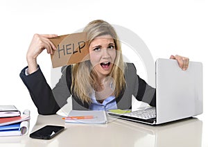 Young beautiful business woman suffering stress working at office asking for help feeling tired