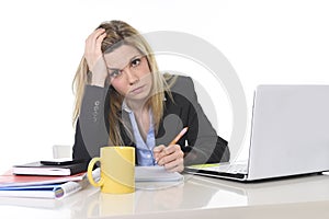 Young beautiful business woman suffering stress working at office frustrated and sad