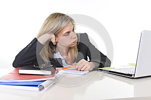 Young beautiful business woman suffering stress working at office frustrated and sad