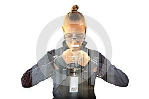 Young beautiful businesswoman with mouth shut with projection of office lamp as symbol scotch, prisoner of job in cuffs