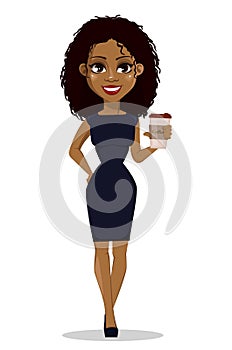 Young beautiful businesswoman in smart casual clothes holding coffee.